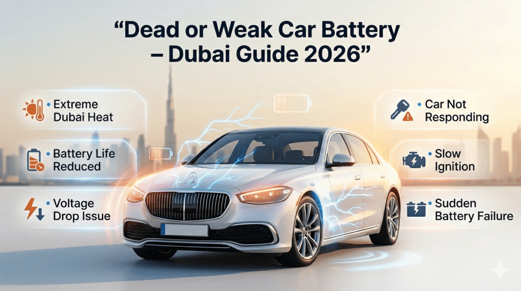 Dead or weak car battery Dubai caused by extreme heat leading to car not responding and ignition failure