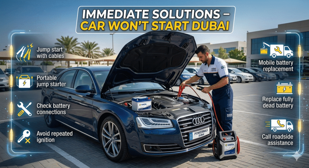 Immediate solutions for car won’t start in Dubai showing jump start and battery replacement assistance