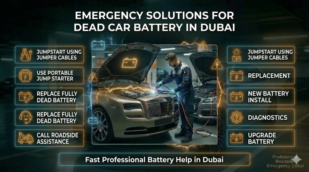Emergency solutions for dead car battery in Dubai including jumpstart, replacement, and roadside assistance