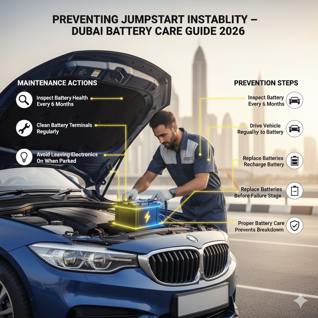 Preventive car battery maintenance guide showing technician inspecting a vehicle battery with key battery care tips displayed around the car.