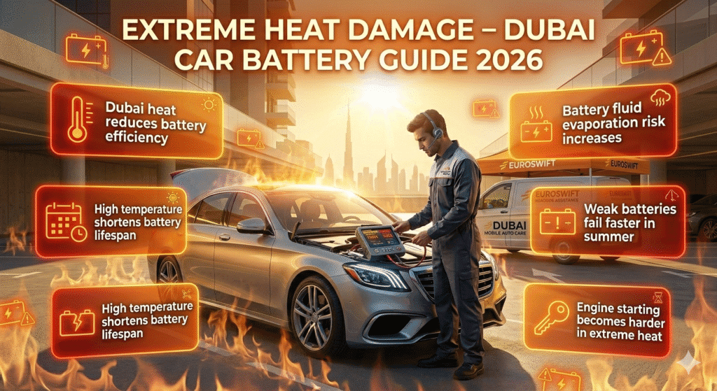 Luxury car under extreme Dubai heat with a mobile mechanic checking battery health, showing heat damage effects on car battery in an infographic style layout.