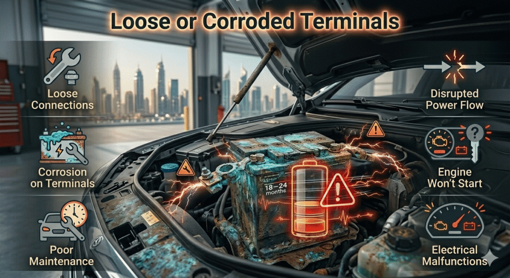 Luxury car in Dubai with loose and corroded battery terminals disrupting power flow and causing ignition failure