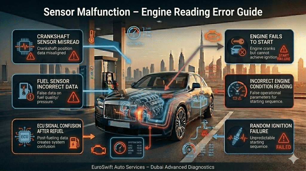 Car sensor malfunction diagram showing crankshaft and fuel sensor errors causing engine starting failure after fueling in Dubai.