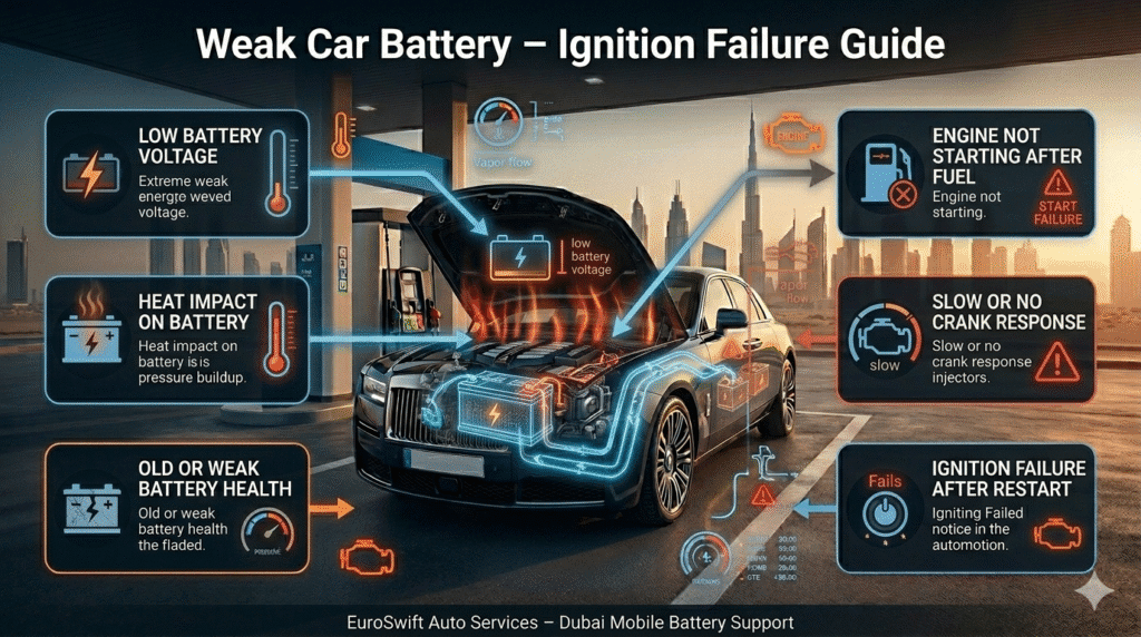 Weak car battery diagram showing low voltage affecting ignition system and causing car not starting after fueling in Dubai.