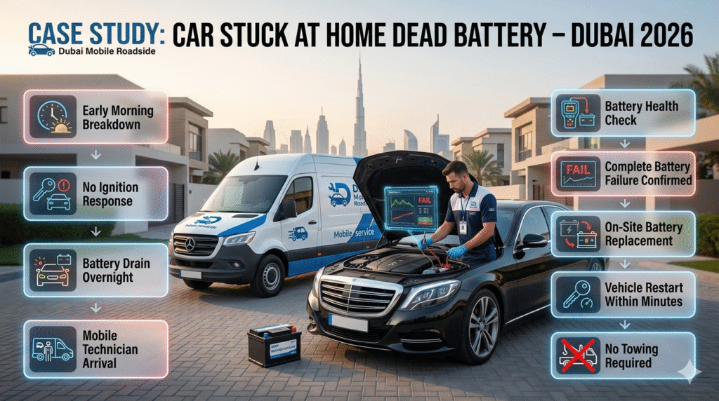 Case Study: Car Stuck at Home Dead Battery Dubai – Real Breakdown Scenario 2026 Luxury car breakdown case study in Dubai showing mobile mechanic diagnosing and replacing dead battery at home with step-by-step infographic highlights.