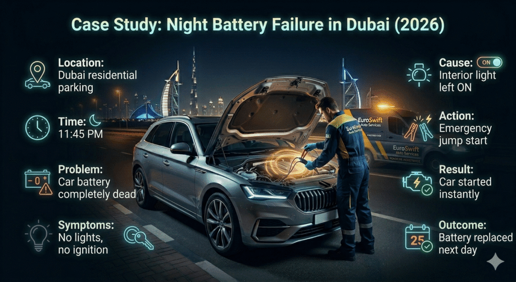 Night car battery failure in Dubai residential area with technician performing emergency jump start and case study details