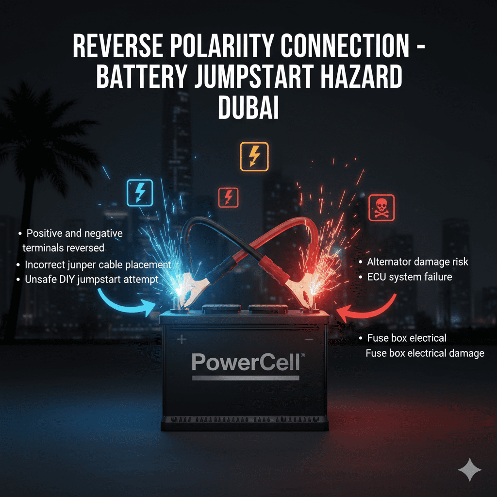 Reverse polarity connection during car battery jumpstart in Dubai showing incorrect jumper cable placement and electrical damage risk.