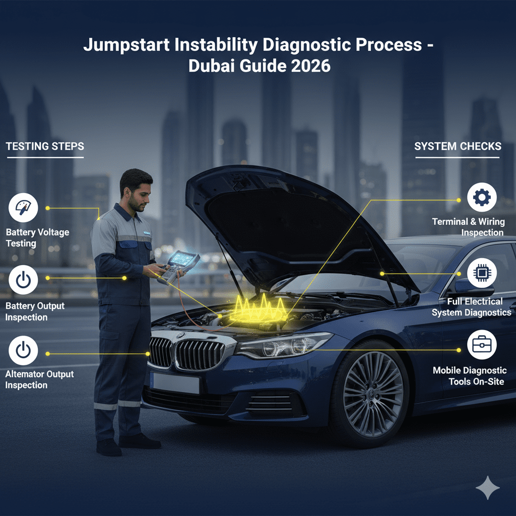 Jumpstart instability diagnostic process showing a technician testing a car battery and electrical system with key inspection steps displayed around the vehicle.
