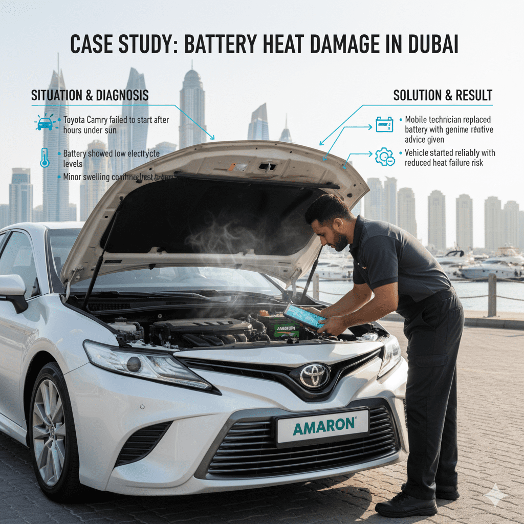 Case study showing heat-damaged car battery in Dubai Marina, technician replacing battery with Amaron brand and restoring performance.