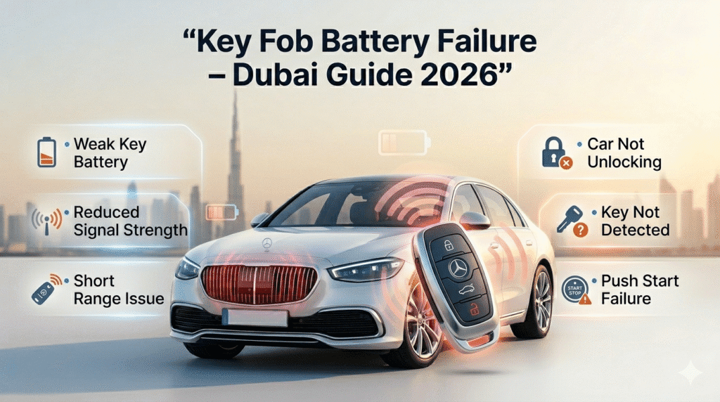 Key fob battery failure Dubai causing weak signal and car not unlocking or starting properly