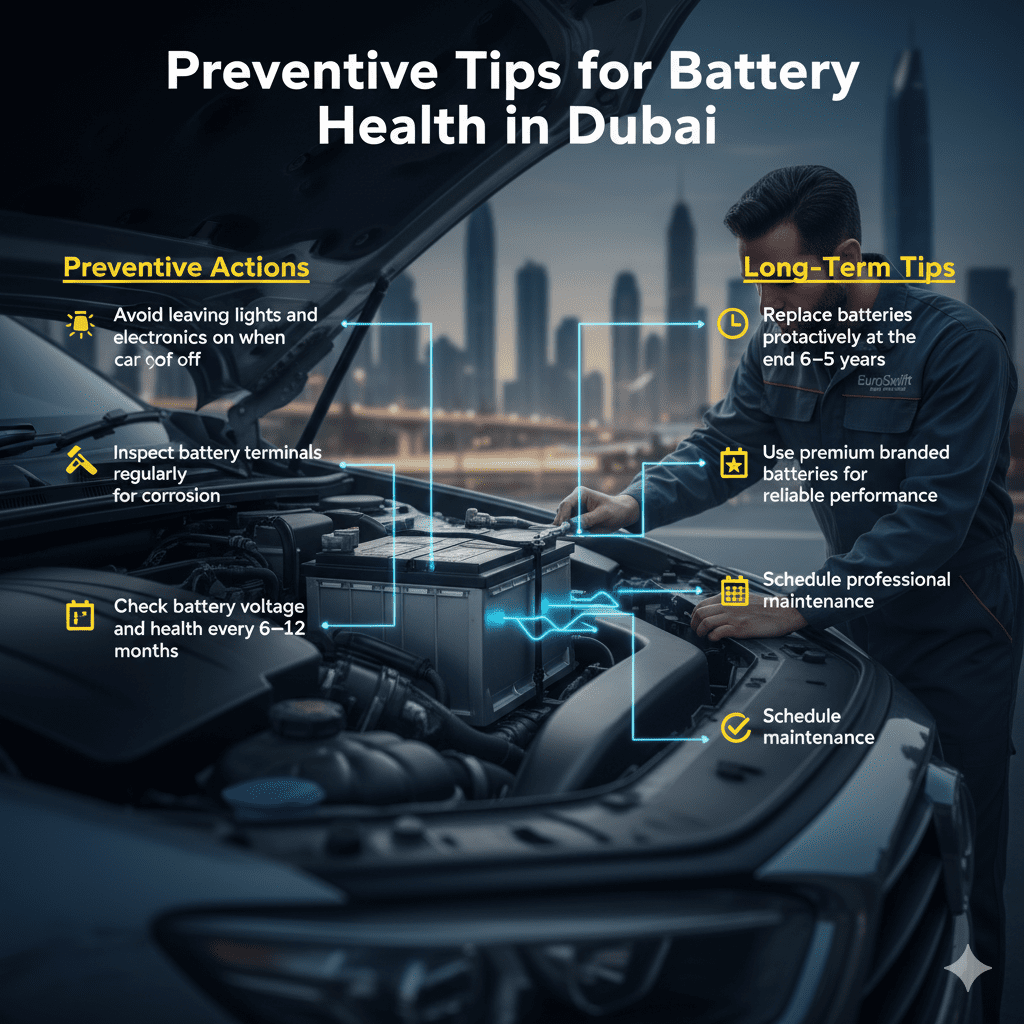 Infographic showing preventive battery health tips in Dubai, including terminal inspection, voltage checks, proactive replacement, and premium battery use.