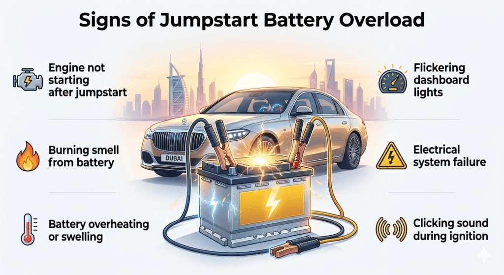 "Animated infographic showing the signs of jumpstart battery overload in Dubai, with a central car battery illustration and key symptoms displayed as bullet points on the sides."