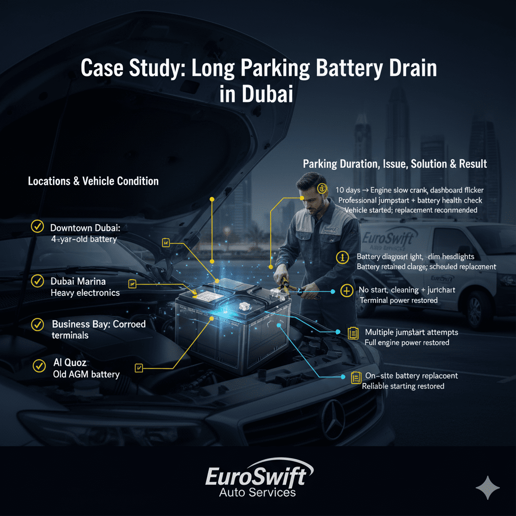 Case Study: Long Parking Battery Drain in Dubai β Causes & Solutions Infographic showing a case study of long parking battery drain in Dubai, detailing locations, vehicle conditions, parking durations, issues observed, solutions provided, and results.
