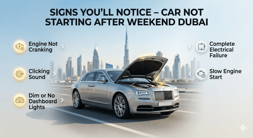 Signs You’ll Notice – Car Not Starting After Weekend Dubai Signs of car not starting after weekend Dubai including battery failure and electrical issues