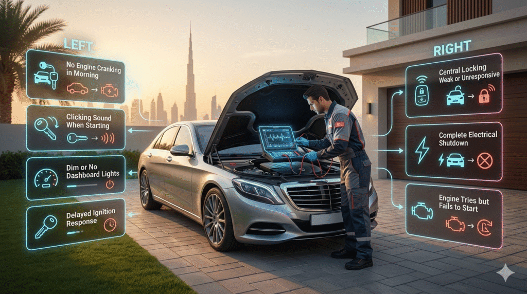 Luxury car morning breakdown scene in Dubai showing mobile mechanic diagnosing ignition and battery issues with infographic list of starting failure symptoms.