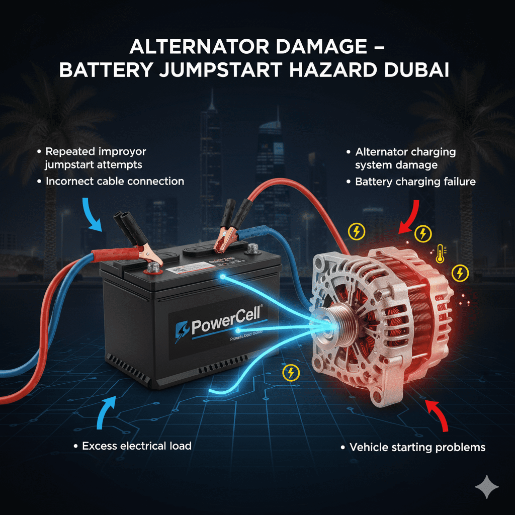 Alternator damage risk after repeated improper car battery jumpstart attempts in Dubai.