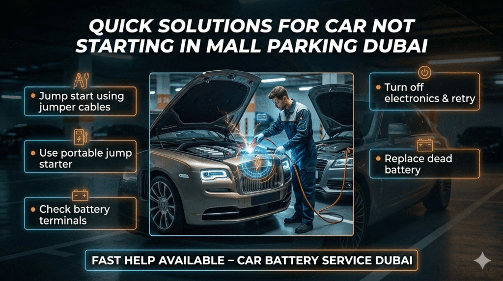 Quick solutions for car not starting in mall parking Dubai including jumpstart, battery check, and replacement service