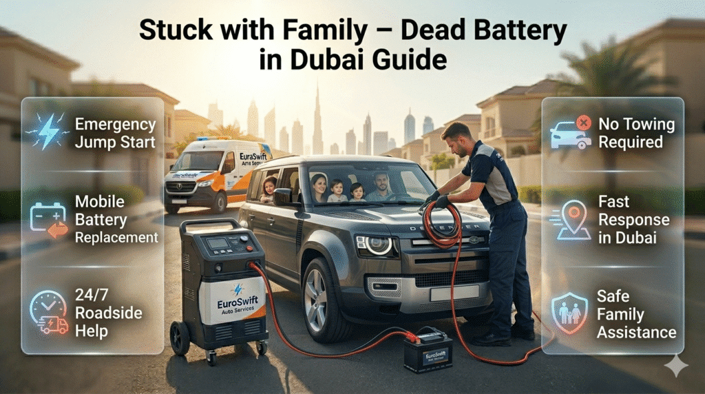 Family stuck in a car in Dubai due to dead battery while a roadside technician arrives for jump start and battery replacement service.