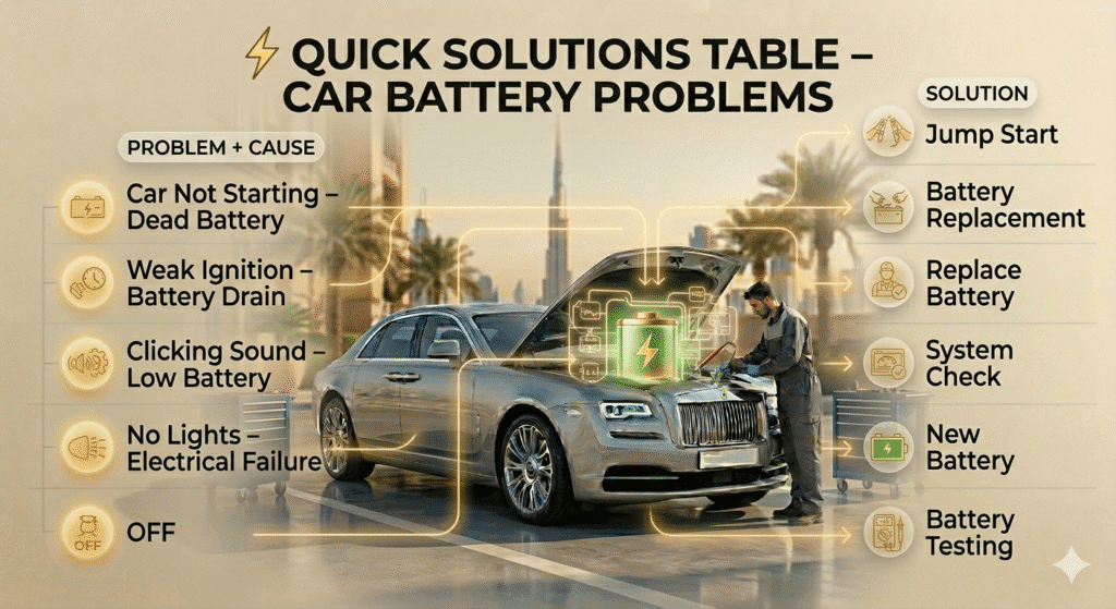 โก Quick Solutions Table โ Car Battery Problems Infographic table showing car battery problems, causes, and solutions including jump start and battery replacement