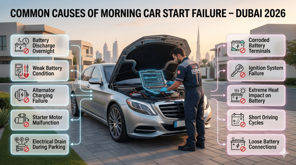 Luxury morning car diagnostic scene in Dubai showing mobile mechanic checking battery and engine system with infographic list of common starting failure causes.