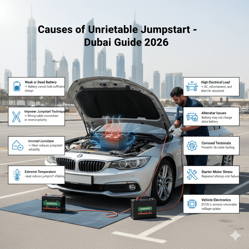 Infographic showing a car with hood open in Dubai, a stressed battery and starter, technician performing a jumpstart, and side points highlighting weak battery, improper jumpstart technique, extreme temperature, electrical load, alternator issues, corroded terminals, starter stress, and electronics sensitivity.