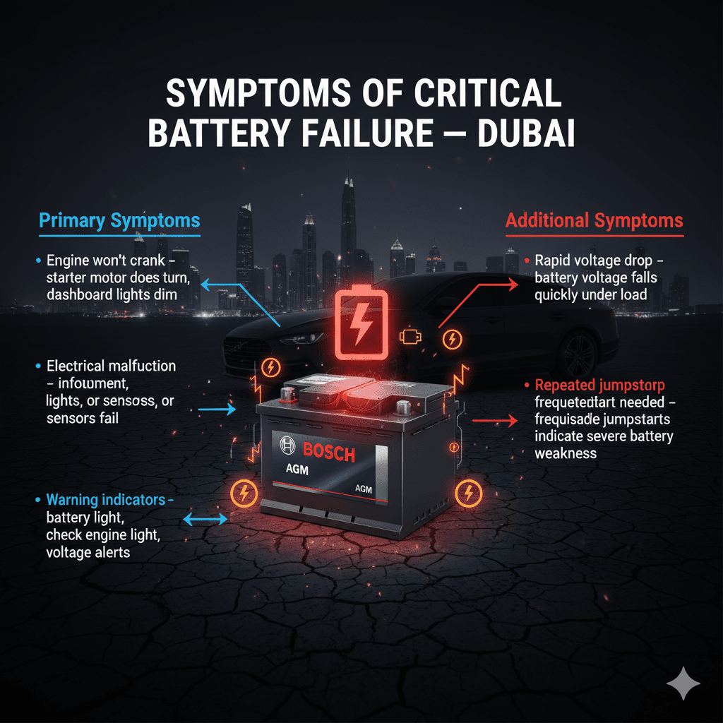 Infographic showing the symptoms of critical car battery failure in Dubai, with a central battery displaying warning signs and side bullet points highlighting engine won’t crank, electrical malfunctions, warning indicators, rapid voltage drop, and repeated jumpstart need.
