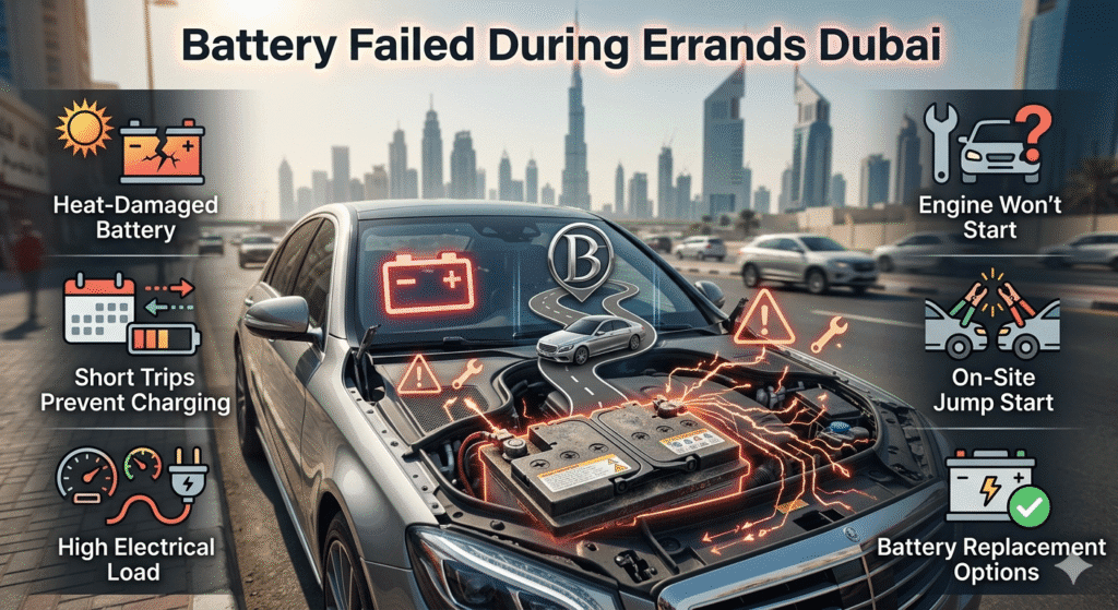 Luxury car in Dubai stalled during errands with battery failure showing causes, effects, and emergency solutions
