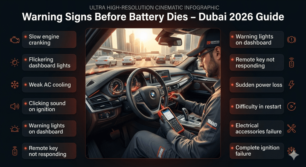 Infographic showing luxury car dashboard inspection in Dubai heat with warning signs of battery failure listed around the image.