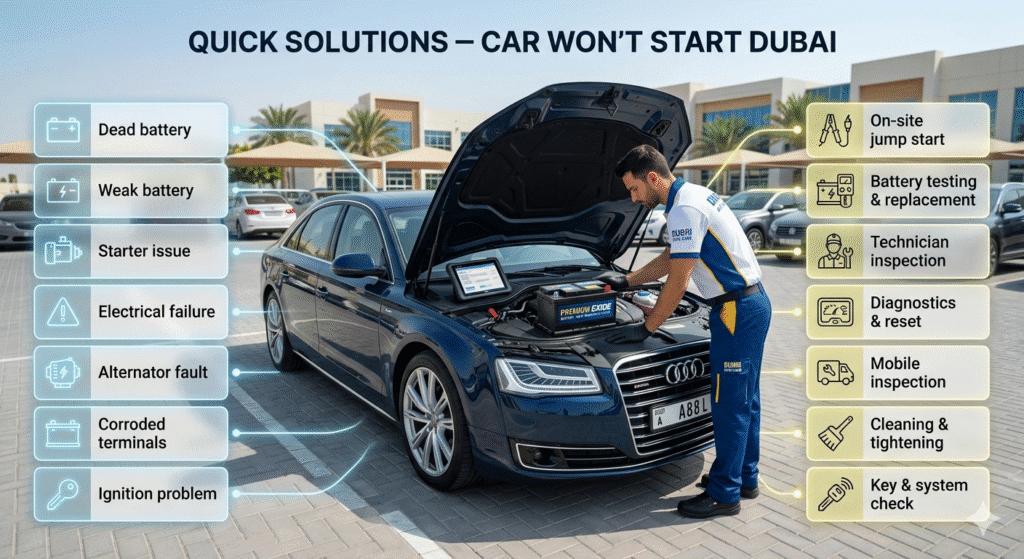 Quick solutions table for car won’t start issues in Dubai with problems and immediate actions