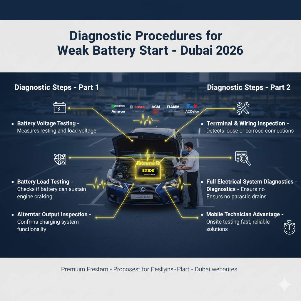 Infographic showing diagnostic procedures for weak battery start in Dubai, with a premium car, certified technician performing tests, and steps displayed on left and right sides.