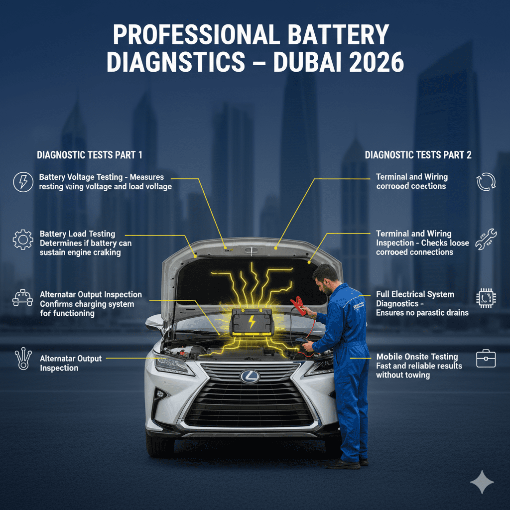 Infographic showing professional battery diagnostic procedures in Dubai, with a technician inspecting a car battery and key testing steps displayed on left and right sides.