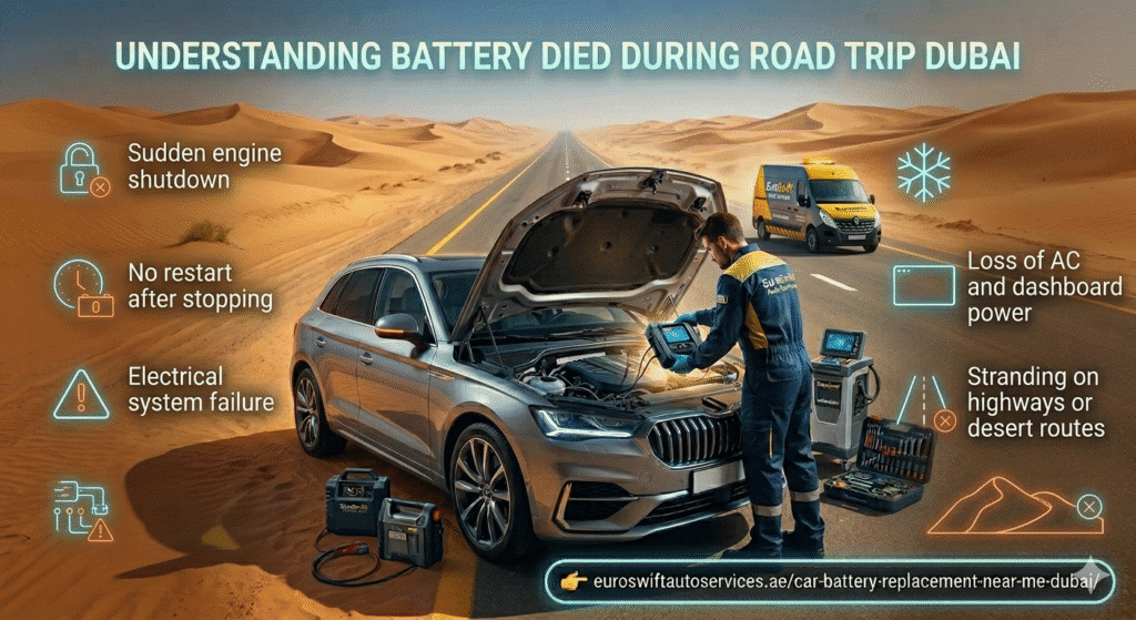 Car stranded on Dubai highway during road trip with dead battery and technician inspecting engine for breakdown explanation