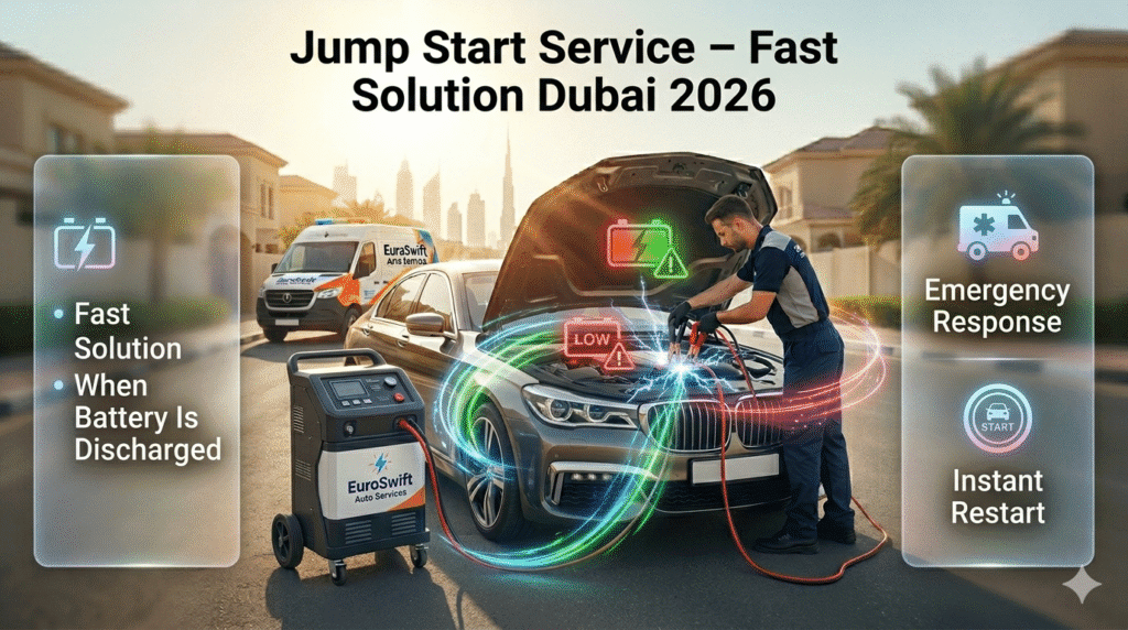 jump start service Dubai showing fast solution for discharged car battery with professional assistance