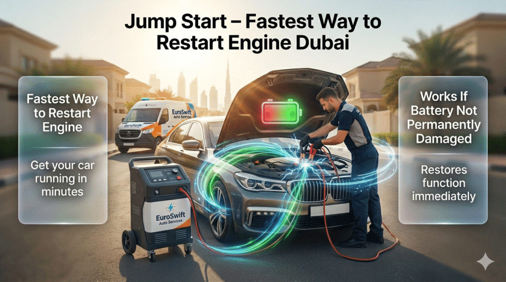 jump start car Dubai showing fastest way to restart engine with battery cables
