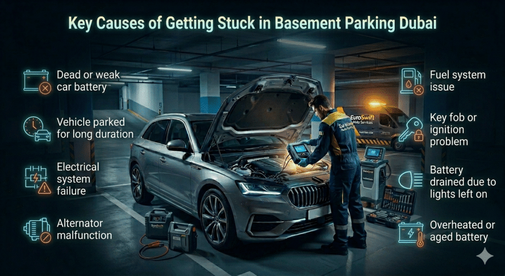 Key Causes of Getting Stuck in Basement Parking Dubai Luxury car stuck in Dubai basement parking showing engine diagnostic with technician identifying causes of breakdown