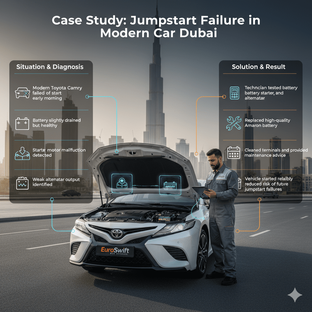 Case study of jumpstart failure in a modern Toyota Camry in Downtown Dubai, showing battery, starter motor, and alternator inspection by a technician with Amaron battery installed.