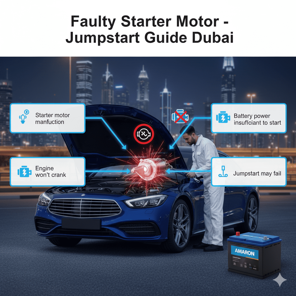 Infographic showing faulty starter motor preventing engine crank in Dubai even with battery power, with premium battery replacement options.