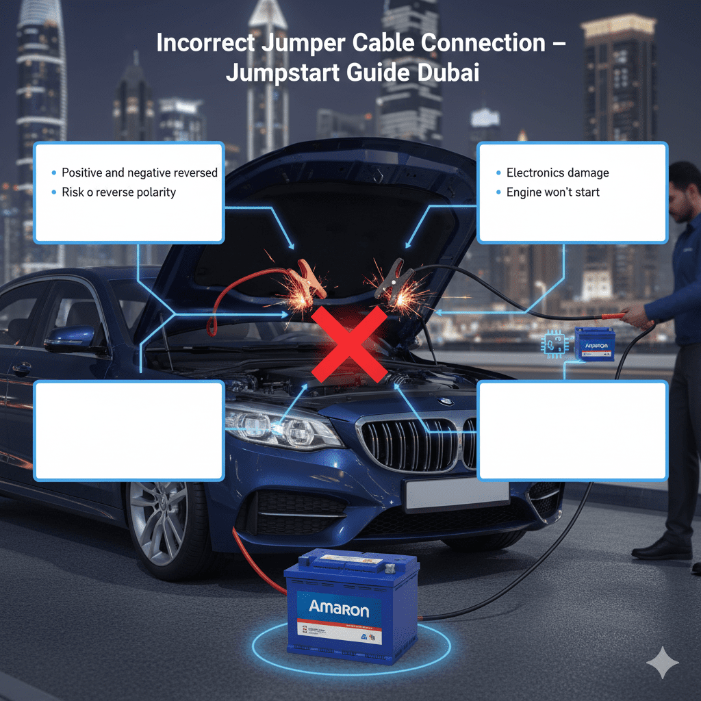 Infographic showing incorrect jumper cable connection causing reverse polarity, electronics damage, and jumpstart failure in Dubai, with premium battery replacement option.