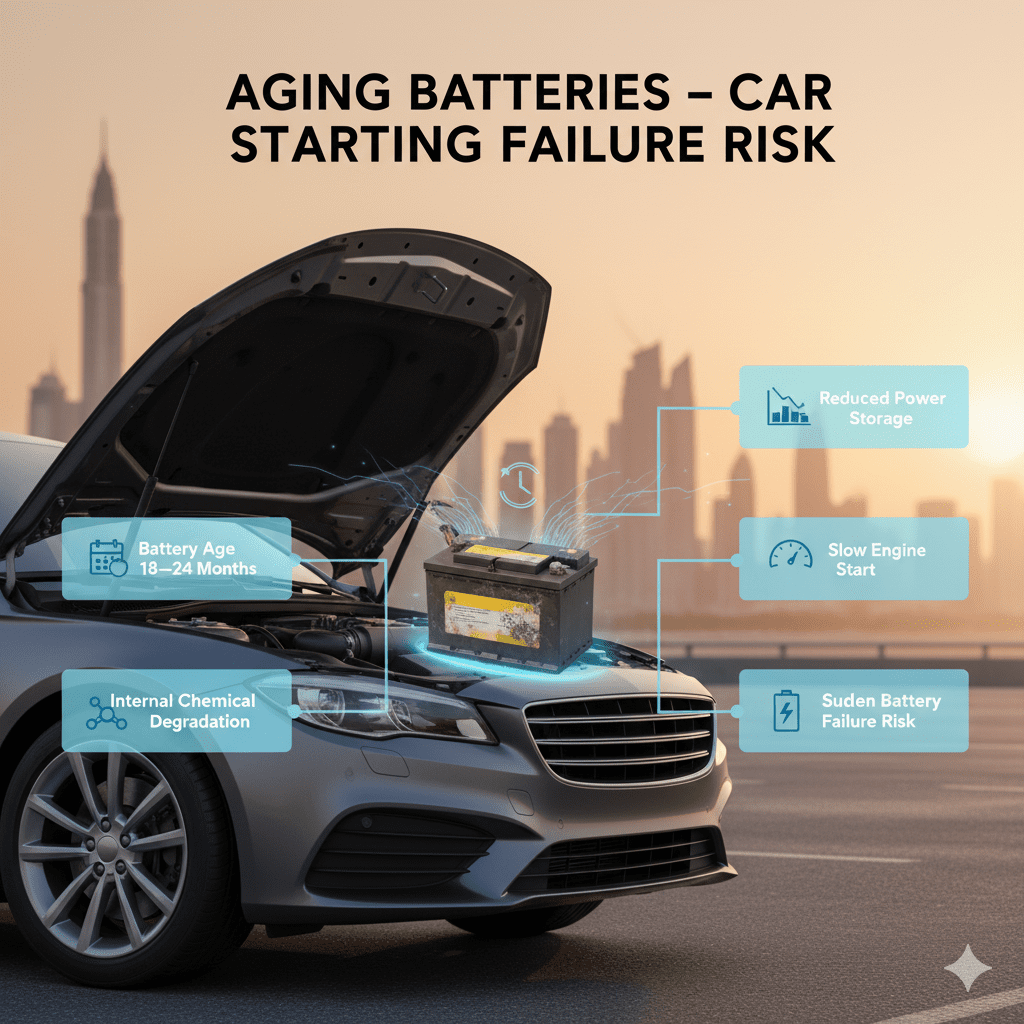 Infographic showing an aging car battery in a vehicle engine bay highlighting reduced battery life and starting failure risk.