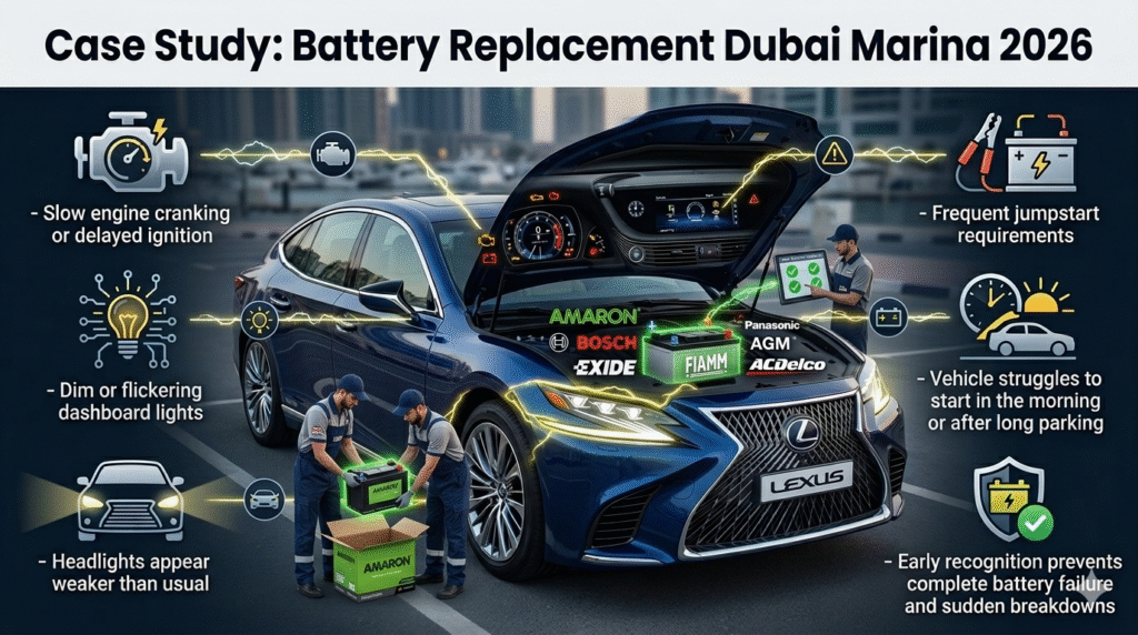 Infographic showing symptoms of weak car battery start in Dubai, with a premium car dashboard, dim lights, slow cranking, and key symptoms displayed on left and right sides with animated effects.