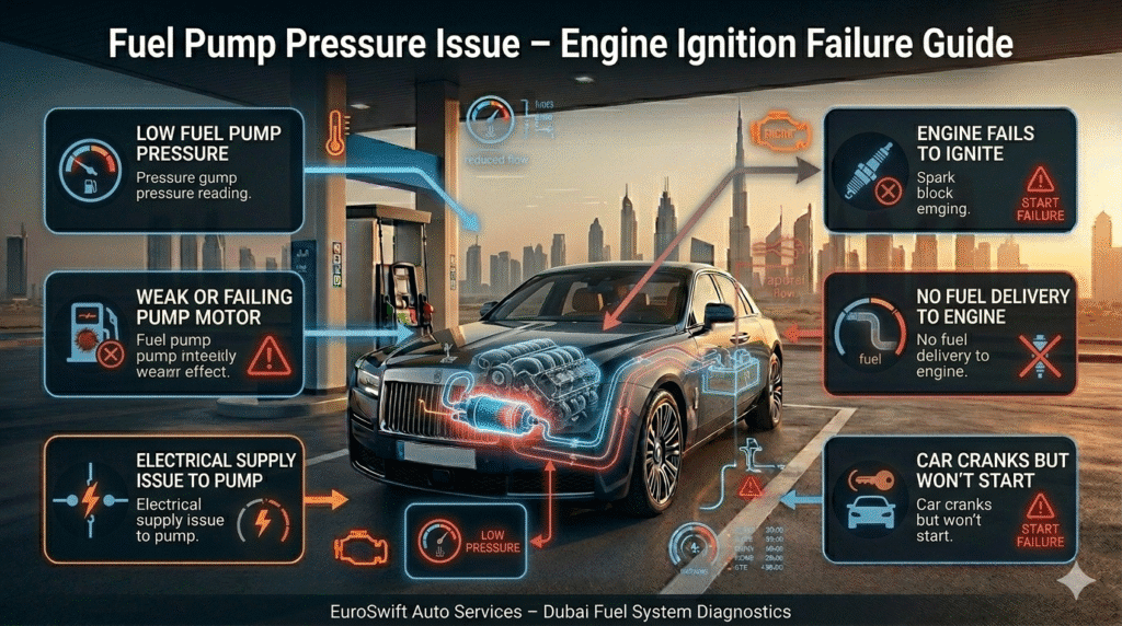Fuel pump pressure issue diagram showing weak fuel flow from tank to engine causing ignition failure after refueling in Dubai.