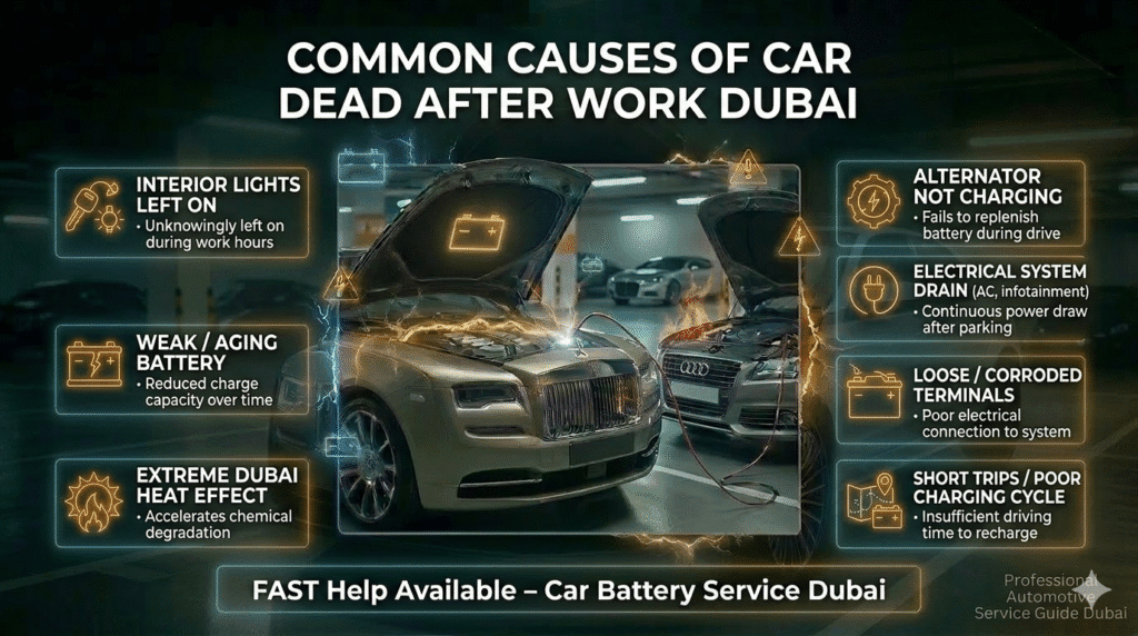 Common causes of car dead after work Dubai including battery drain, heat damage, and electrical issues