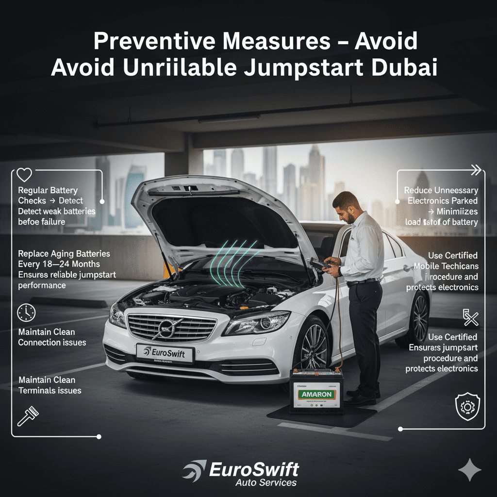 Infographic showing a vehicle in Dubai with a healthy battery, certified technician inspecting, and side points detailing battery health checks, timely replacement, clean terminals, reduced electronics usage, and use of certified technicians.