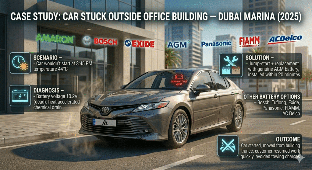 Case Study: Car Stuck Outside Office Building — Dubai Marina (2025) Illustration of a Toyota Camry stuck outside a Dubai Marina office building at 44°C with dead battery alert. Key case study points displayed in floating boxes on sides: scenario, diagnosis, solution, other battery options, and outcome. Animated premium battery brand logos (Amaron, Bosch, Exide, AGM, Panasonic, FIAMM, AC Delco) in background.