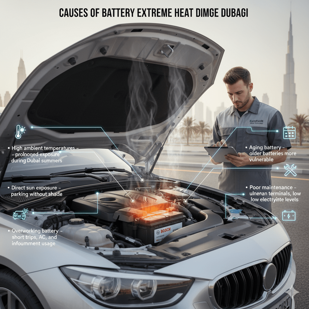 Causes of battery extreme heat damage in Dubai showing a technician inspecting a car battery under sunlight with key heat-related causes highlighted around the image.