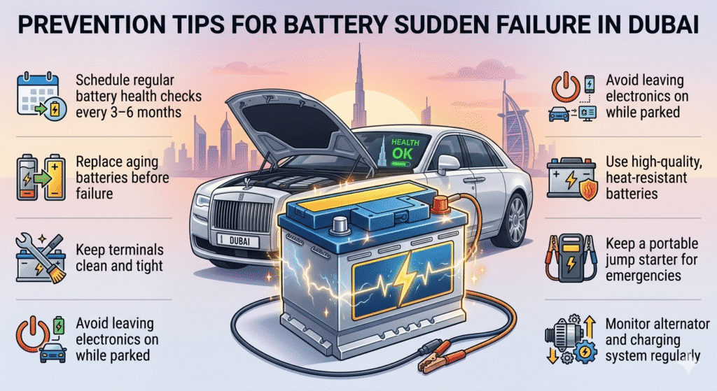 "Animated infographic showing prevention tips for battery sudden failure in Dubai, with a central car battery and luxury branded car, and key preventive measures displayed as bullet points on the sides."
