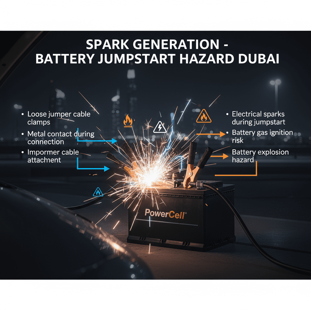 Spark generation during car battery jumpstart in Dubai caused by loose jumper cable clamps creating explosion risk.