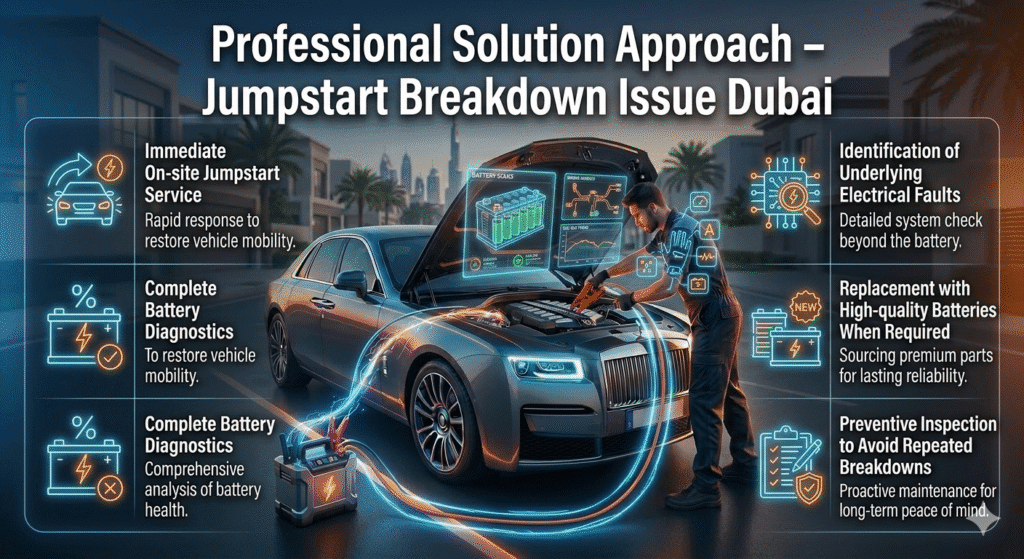 Professional Solution Approach – Jumpstart Breakdown Issue Dubai Technician performing jumpstart and battery diagnostics on a luxury car in Dubai with key solution points shown as animated infographic bullets on sides