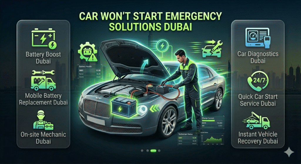 Car Won’t Start Emergency Solutions Dubai – Visual Guide 2026 Car won’t start emergency Dubai solutions infographic showing jump start, battery replacement, and roadside assistance