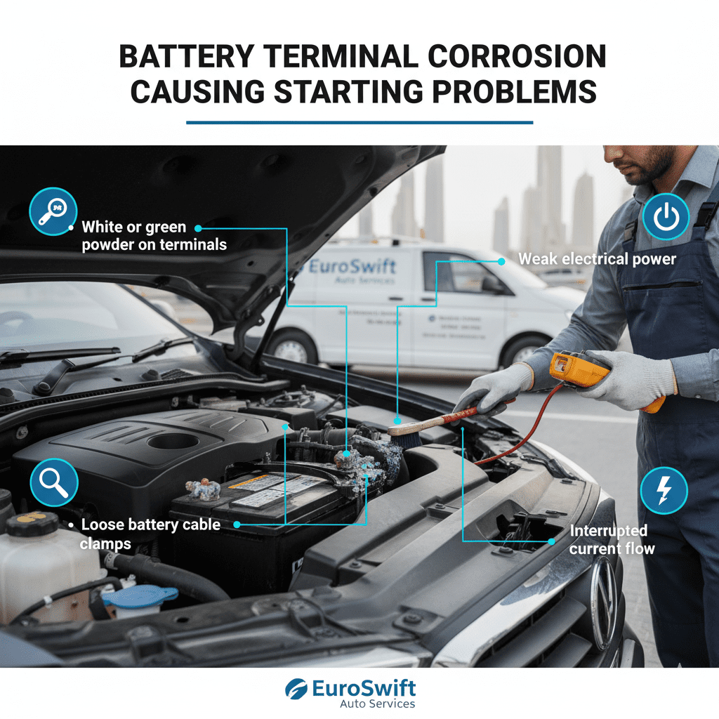 Battery terminal corrosion causing starting problems with visible white and green corrosion on car battery terminals.